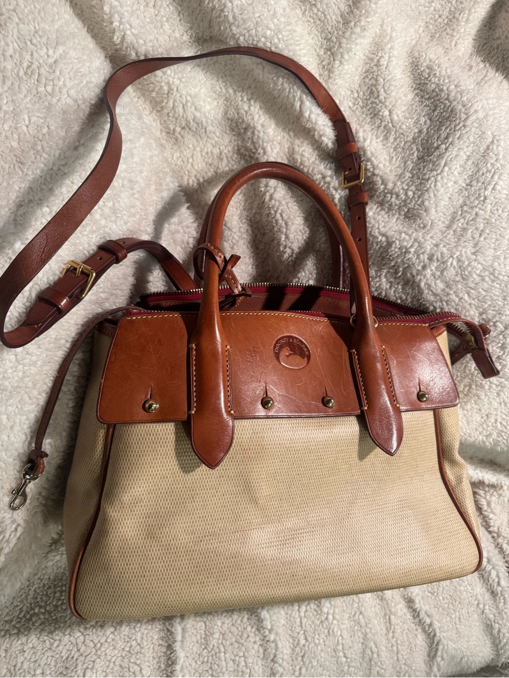 Dooney & Bourke Beige Canvas Satchel with Brown Leather Trim